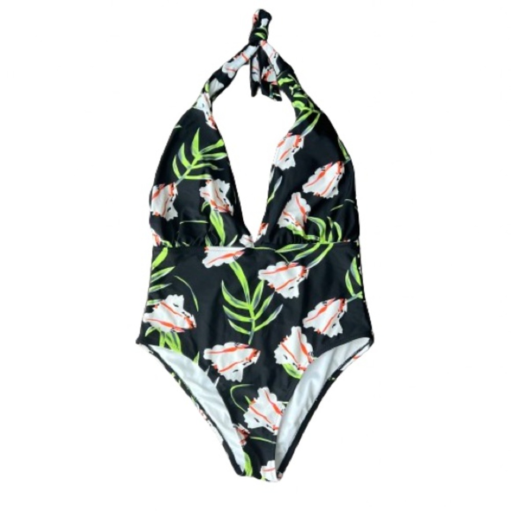 Cupshe Black Floral Halter Plunging Open Back Sexy One Piece Swimsuit M